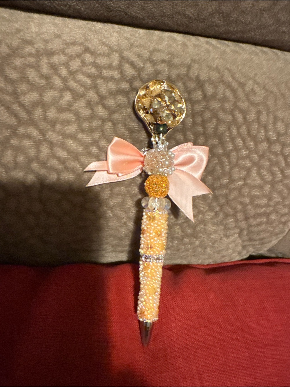 Decorative Peach Beaded Pencil Case Pen with Bow